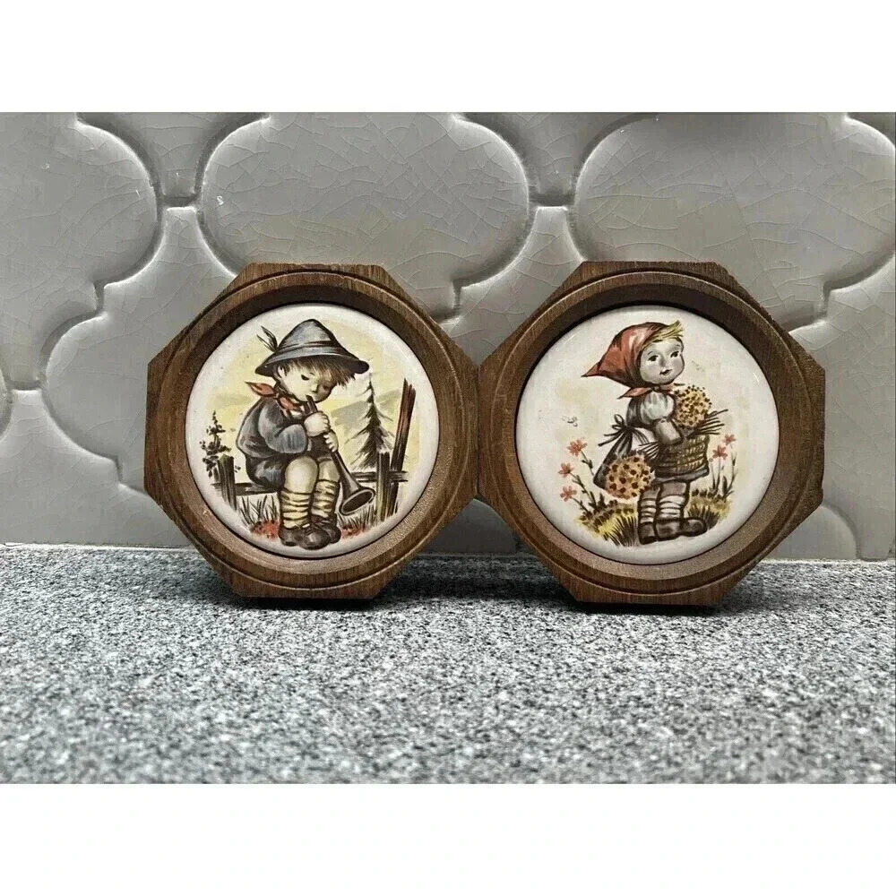 Hummel‎ Boy on Fence Blowing Horn and Girl with Basket Tile Wall Hanging German